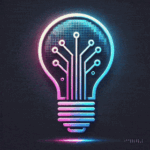 Animated logo featuring a blue-and-purple AI circuit lightbulb spinning with a dynamic flash of light, showcasing AI creativity.