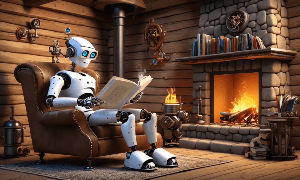 A robot reading a book in a log cabin.