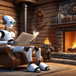 A robot reading a book in a log cabin.